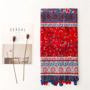 Ethnic cotton-linen scarf with red floral patterns and tassels for sun protection