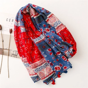 Ethnic style floral cotton linen shawl with red and blue pattern and fringe details