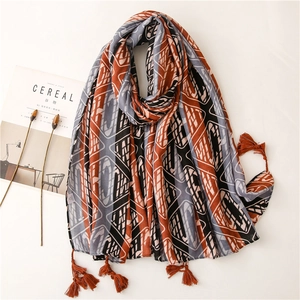 Women Geometric Print Shawl Scarf With Tassel Trim Lightweight Cotton Linen Feel Sun Protection Beach Wrap Vintage