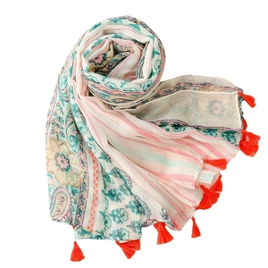 Bohemian paisley floral scarf in mint and pink with orange tassels and striped patterns