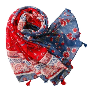 Ethnic floral cotton linen scarf with red blue prints and fringe tassels on white background