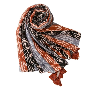 Blue and rust geometric print cotton linen shawl with fringe tassels for beach sun protection