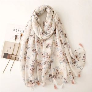 Floral Print Scarf Shawl Women Soft Lightweight Bali Yarn Sun Protection Vintage Beach Wrap With Tassels