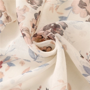 Soft white floral voile scarf with pastel print and breathable grid texture for women