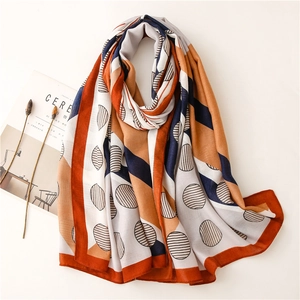 Modern cotton linen scarf with geometric color block design and artistic round patterns