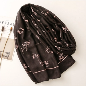 Écharpe vintage café en coton-lin avec motifs visages artistiques rose et doux drapé