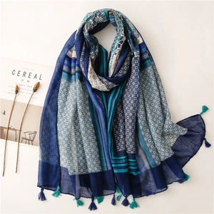 Bohemian Print Scarf Shawl Women Polyester Voile Cotton Linen Feel Tassels Sun Protection Ethnic Geometric Travel Wrap