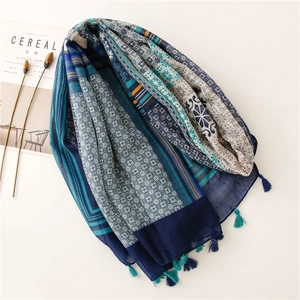 Ethnic blue patterned linen scarf with geometric floral print and tassel edges