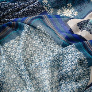 Close-up of lightweight shawl showing intricate floral and geometric print texture