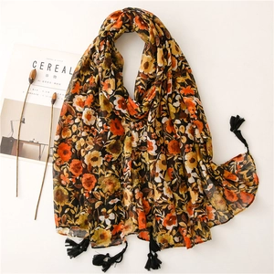 Women Floral Print Scarf Shawl Retro Voile Cotton Linen Feel With Tassels Long Lightweight Sun Protection Beach Wrap