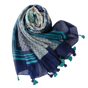 Blue geometric print scarf with boho tassels and lightweight cotton linen texture