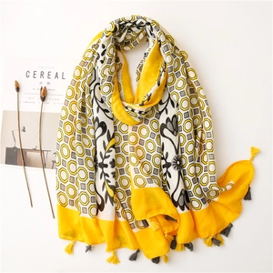 Women Long Scarf Cotton Linen Geometric Floral Print Sun Protection Shawl Wrap With Tassels Beach Sarong