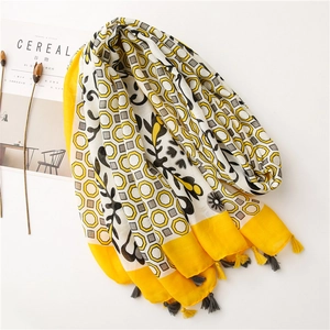 Soft cotton linen sun protection scarf with yellow floral branch print and tassels
