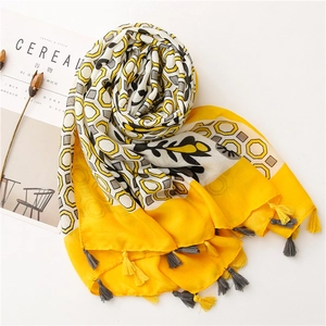 Floral print cotton linen sun protection shawl with tassels in yellow and beige
