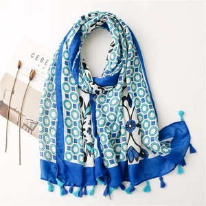 Blue and white floral cotton linen scarf with geometric patterns and fringe tassels