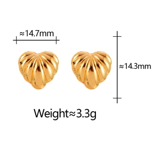 Golden heart stud earrings with shell-like texture, size 14.7mm by 14.3mm measurement