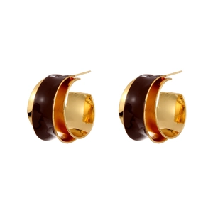 French vintage C-shaped gold metal stud earrings with brown enamel finish