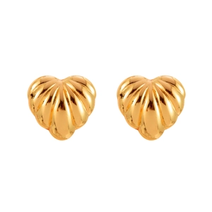 Elegant gold heart stud earrings with vertical textured stripes on a white background