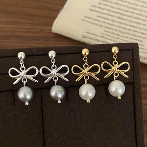 Elegant Bowknot Artificial Pearl Dangle Earrings With Copper Earring Post Fashion Daily Jewelry For Women Gold Plated