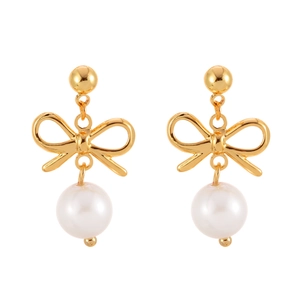 Elegant gold bow earrings with round white pearl pendants against a clean white background