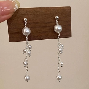 Elegant Long Tassel Drop Artificial Pearl Earrings With Copper Earring Post Fashion Luxury Style For Women