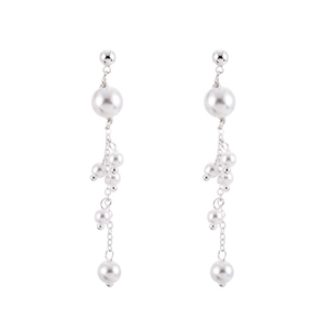 Elegant long tassel pearl drop earrings with multiple sizes of white pearls on silver chains