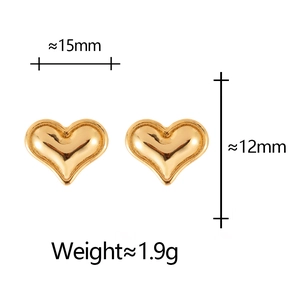 Minimalist gold heart stud earrings shown with precise size 15mm and weight dimensions