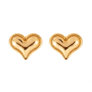 Symmetric shot of gold 3D heart stud earrings with a high-polished metallic finish