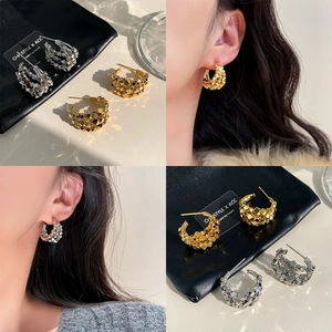 Geometric C-Shaped Hoop Earrings For Women Textured Pyramid Stud Cuboid Pattern Copper Gold Plated Minimalist Chic