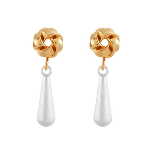 Minimalist gold knot stud earrings with silver frosted waterdrop fringe pendants