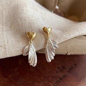 French Style Heart Wing Drop Earrings Gold Silver Two Tone Copper Jewelry With 925 Sterling Silver Earring Post For Women