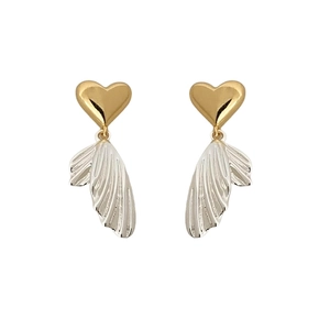 Elegant gold heart studs with silver textured wing fringe tassels on white background