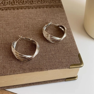 Detailed view of silver twisted hoop earrings with a metallic finish on vintage book
