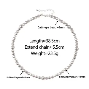 Vue détaillée du collier de perles de 6mm et 8mm avec spécifications de taille et de poids