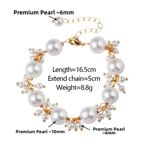 Detail of elegant pearl bracelet showing 4mm, 6mm, and 10mm bead sizes with extension chain