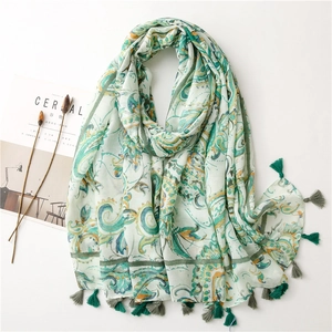 Green paisley pattern cotton linen scarf with tassels and bohemian print design