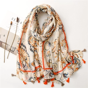 Paisley Print Cotton Linen Feel Scarf Long Bohemian Tassel Shawl Lightweight Sunscreen Wrap For Women Vintage Ethnic Style