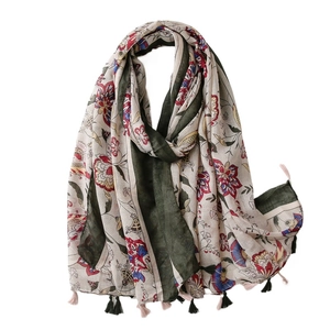 Retro Ethnic Floral Print Scarf Women Cotton Linen Feel Tassel Shawl Lightweight Sun Protection Beach Wraps