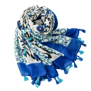 Floral cotton linen beach scarf with tassels and bohemian geometric print patterns