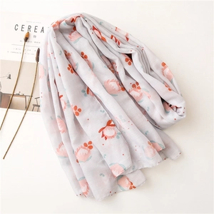 Floral cotton linen beach shawl in light grey with pink and orange flower print