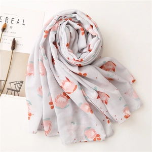 Lightweight cotton linen floral scarf for women featuring elegant pink protea patterns