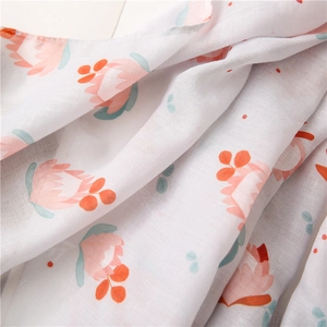 Detail of floral printed cotton linen shawl with soft texture and breathable fabric
