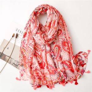 Pink paisley cotton linen scarf with tassels and bohemian print, elegant style
