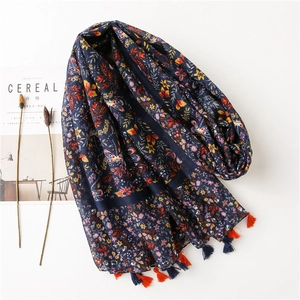 Ethnic cotton linen floral scarf with tassels and navy blue print for beach sun protection