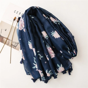 Floral navy blue sun-protective shawl scarf with elegant fringe and pink flower patterns
