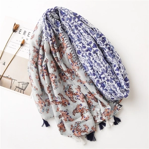 Blue floral cotton linen scarf with elegant tassels for sun protection and daily wear