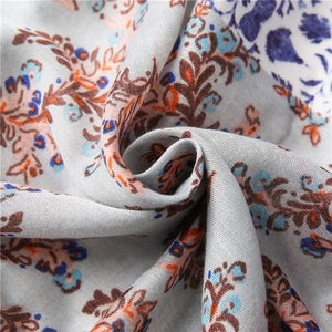 Bohemian floral cotton linen scarf with blue print and soft textured tassels for women