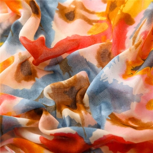 Macro shot of abstract watercolor print scarf showing soft texture and vibrant colors