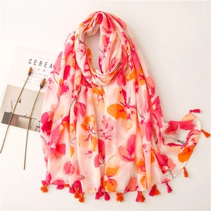 Floral print lightweight cotton linen scarf with tassel fringe for sun protection