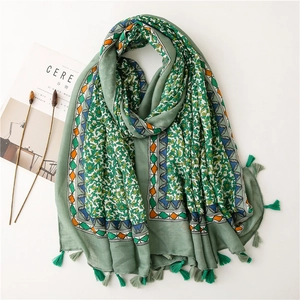 Floral cotton linen scarf with tassels and geometric patterns for beach and sun protection